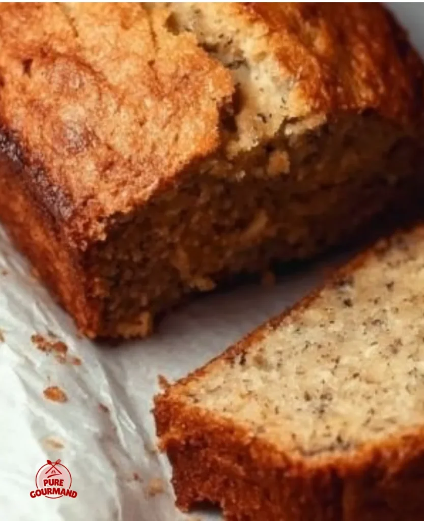 Super moist banana bread loaf fresh out of the oven, sliced and ready to serve.