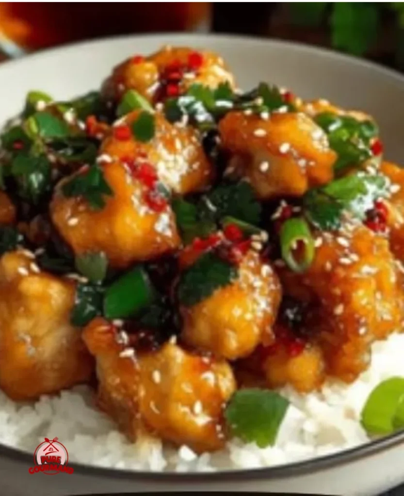 Plate of Sweet and Spicy Thai Chicken garnished with fresh herbs
