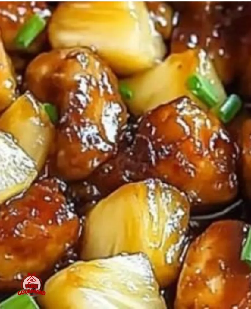 Delicious sweet and tangy pineapple chicken served with vegetables
