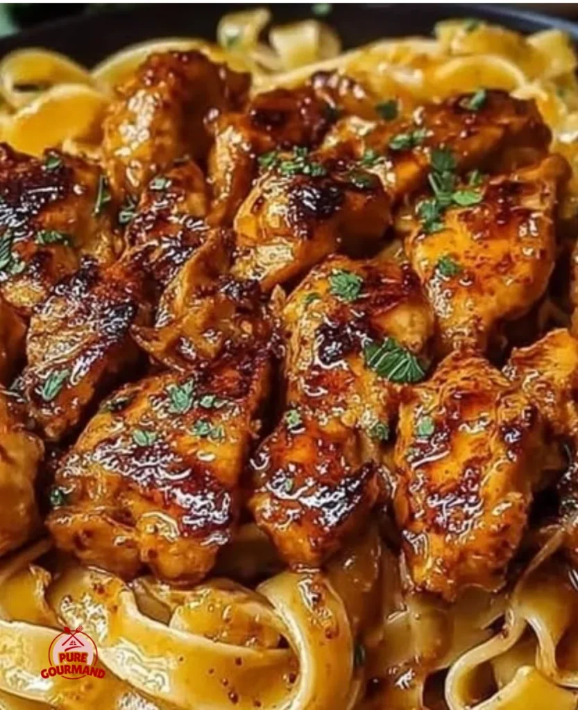 Delicious Cajun honey butter chicken pasta served in a bowl with herbs and spices.