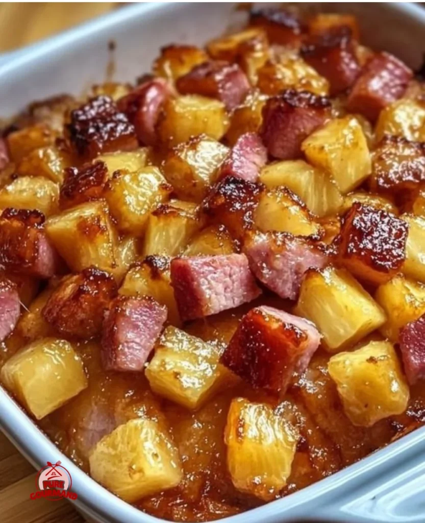 Delicious brown sugar pineapple ham bake showcasing sweet and savory flavors.