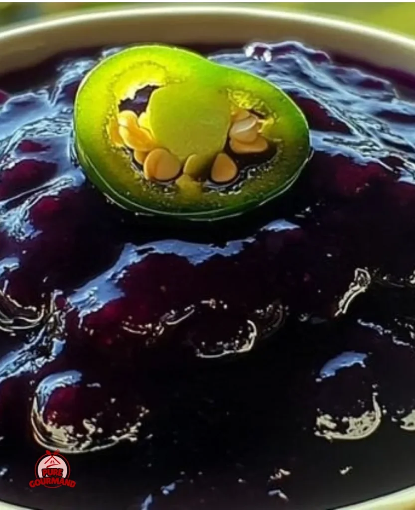 Homemade blueberry jalapeño jam in a glass jar with fresh ingredients