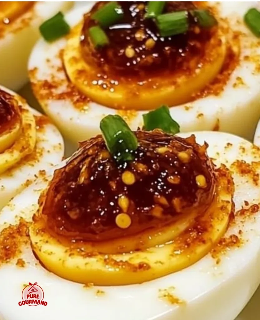 Delicious sweet and spicy pepper jelly deviled eggs on a platter
