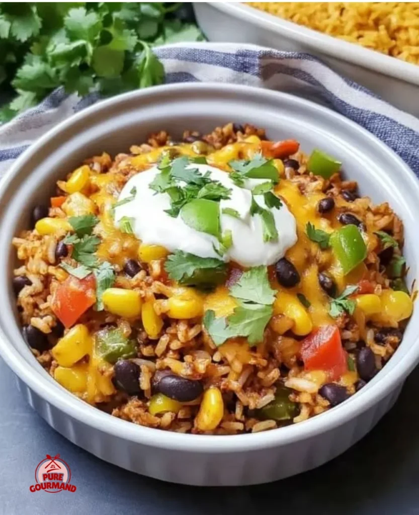 Delicious Taco Rice Casserole topped with melted cheese and fresh ingredients