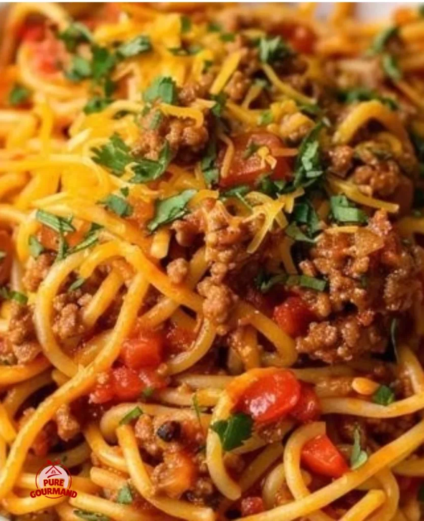 A delicious Taco Spaghetti dish topped with cheese and fresh ingredients.