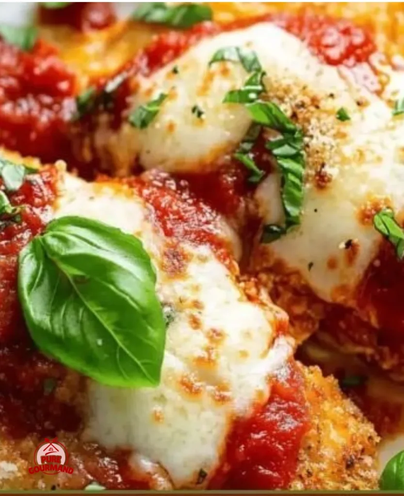 Crispy chicken parmesan served with marinara sauce and melted cheese
