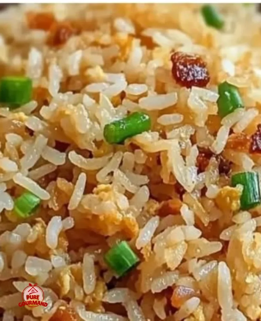 A bowl of flavorful Filipino garlic fried rice garnished with green onions