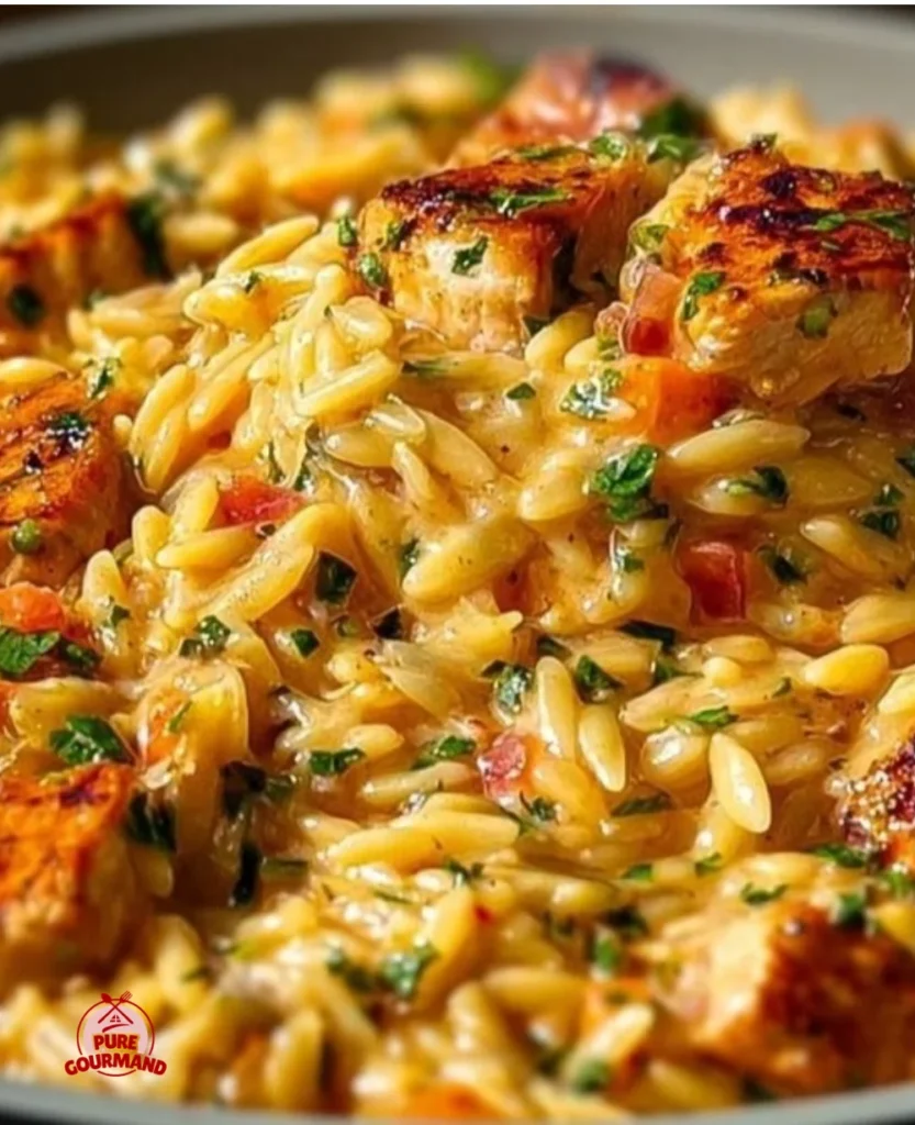Creamy Cajun Chicken Alfredo Orzo cooked in one pot with spices and herbs