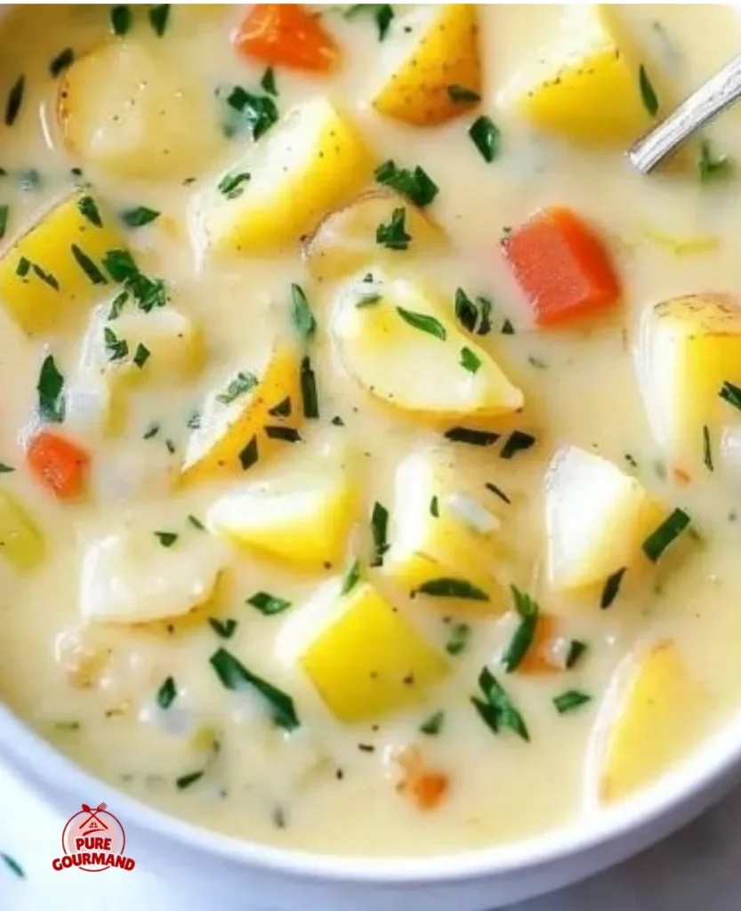 Bowl of creamy potato soup topped with chives and served with bread