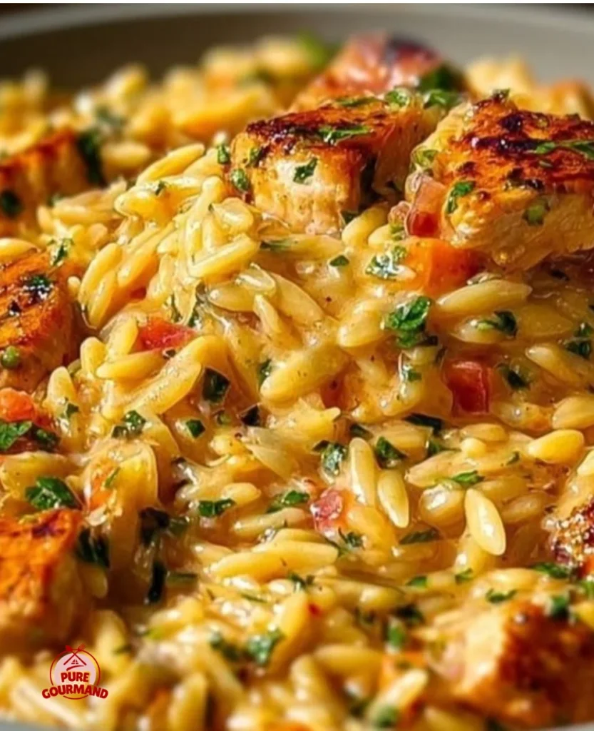 One Pot Cajun Chicken Alfredo Orzo with creamy sauce and spices