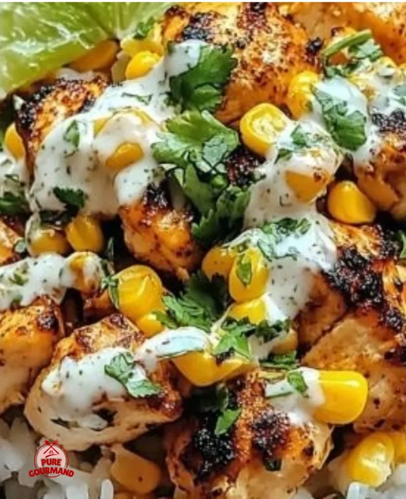 Ultimate Street Corn Chicken Rice Bowl featuring grilled chicken and corn over rice