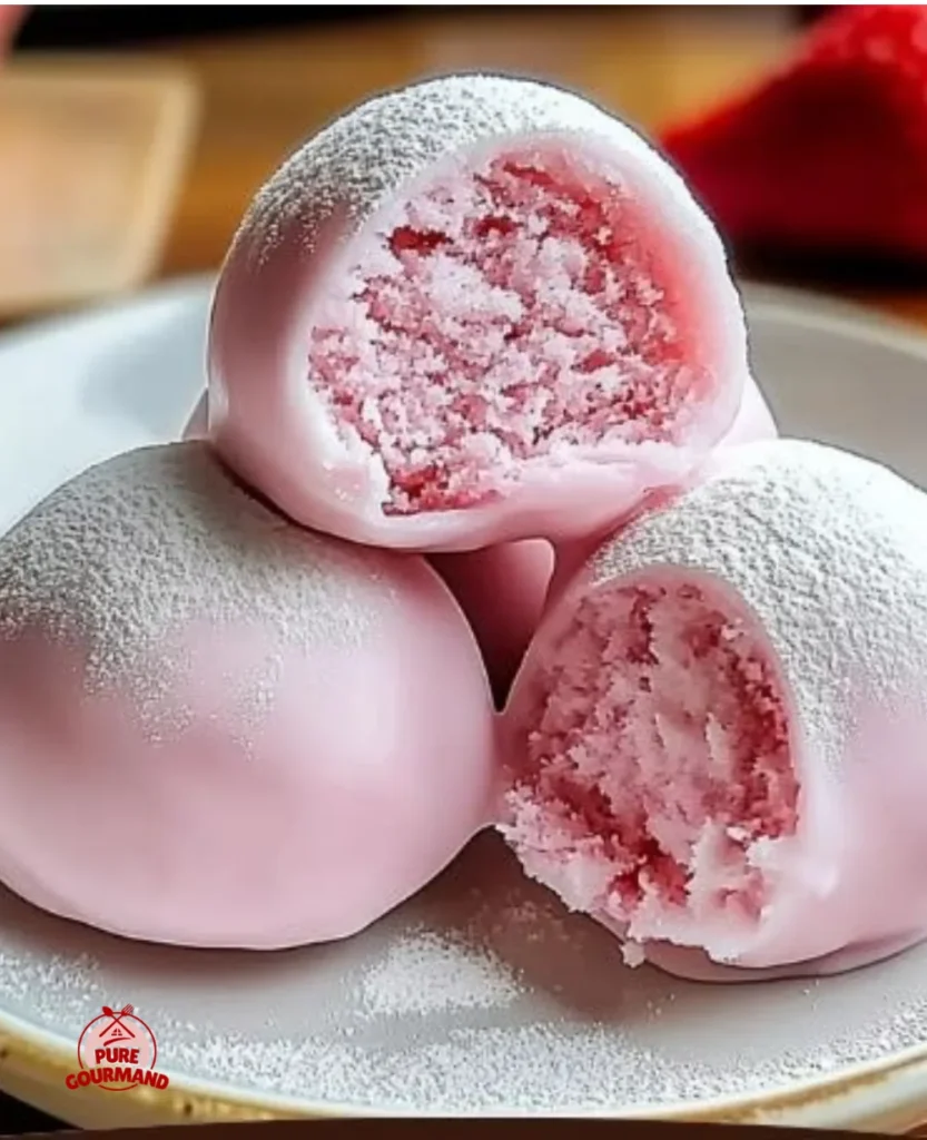 Delicious vegan strawberry mochi ice cream served in a bowl