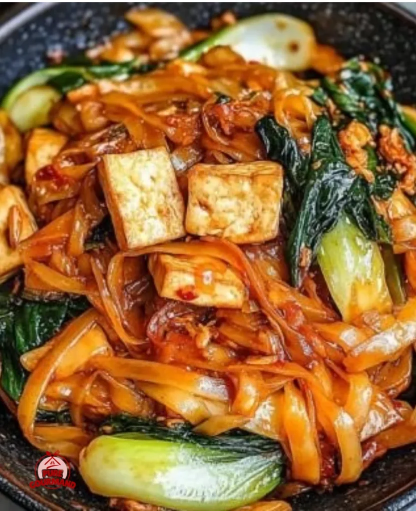 Delicious vegetarian drunken noodles stir-fry in a vibrant dish
