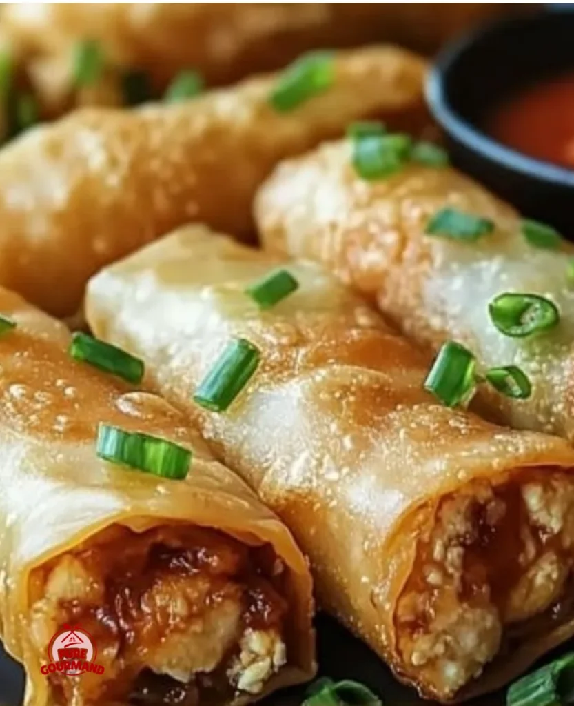 Plate of crispy Voodoo Egg Rolls garnished with sauce and herbs