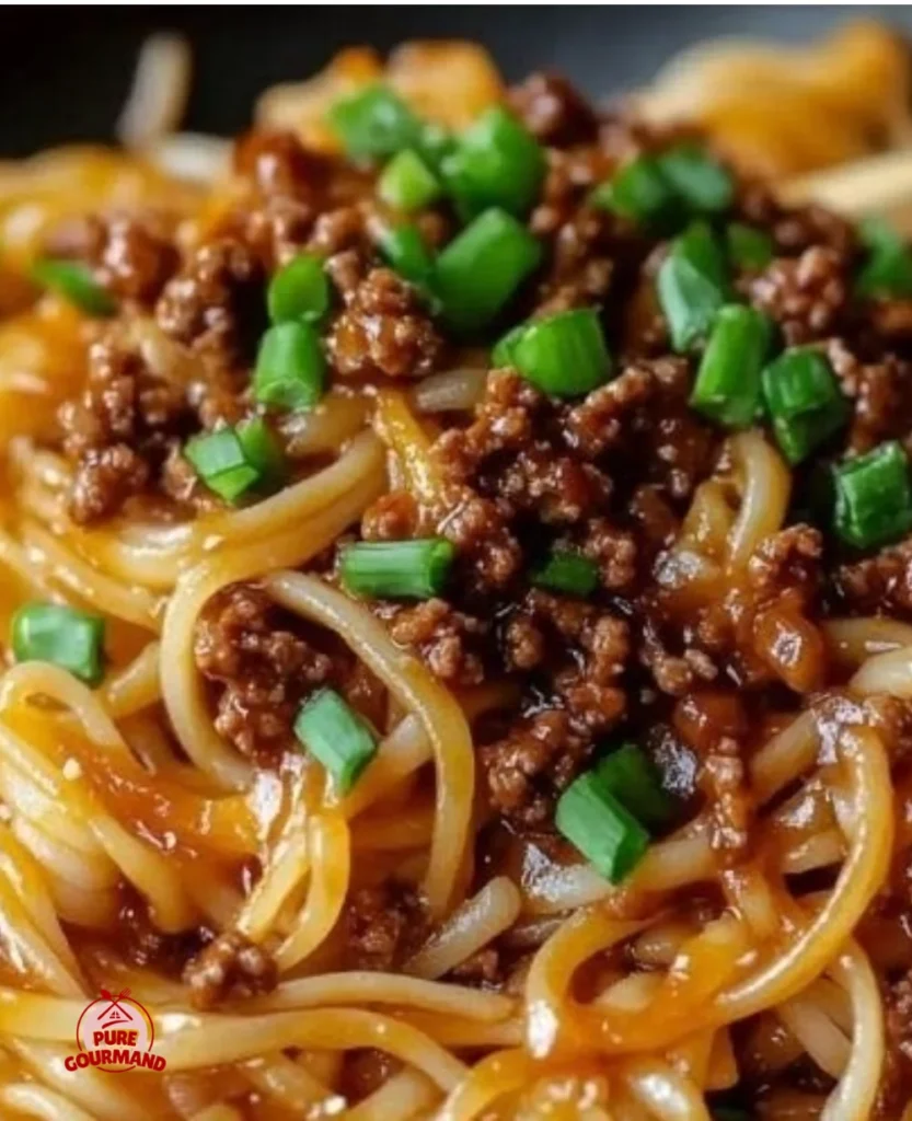 Plate of Mongolian beef noodles garnished with vegetables and herbs