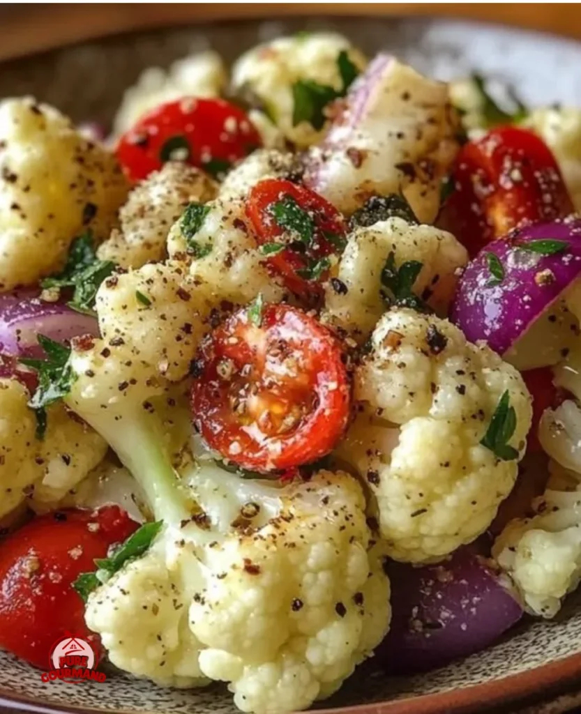 Zesty Mediterranean marinated cauliflower salad in a vibrant bowl