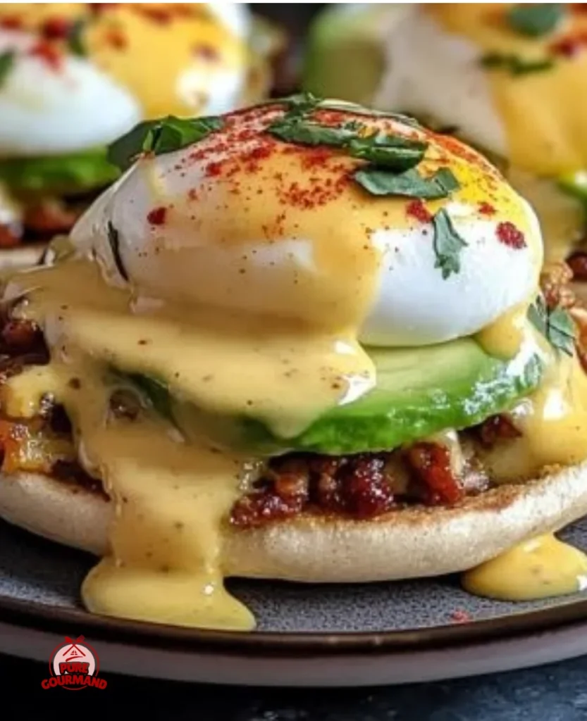 Zesty Mexican Eggs Benedict topped with spicy salsa and avocado for brunch.