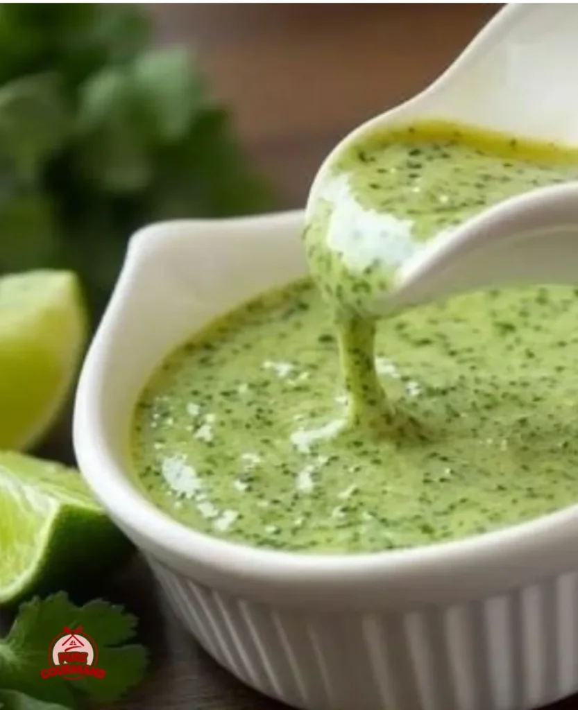 Delicious Peruvian green sauce in a bowl with fresh herbs and spices.