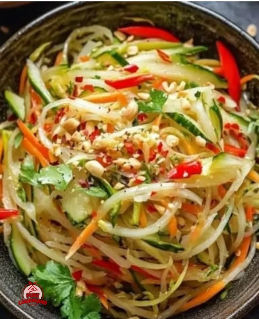 Delicious Thai Green Papaya Salad served with fresh herbs and lime
