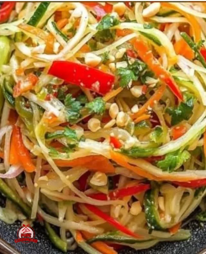 Bowl of zesty Thai Green Papaya Salad with fresh vegetables and herbs