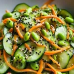 Chilled ginger miso cucumber salad served in a bowl, garnished with sesame seeds.