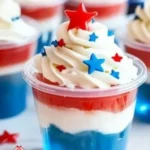 Colorful 4th of July Jello Shots in red, white, and blue cups