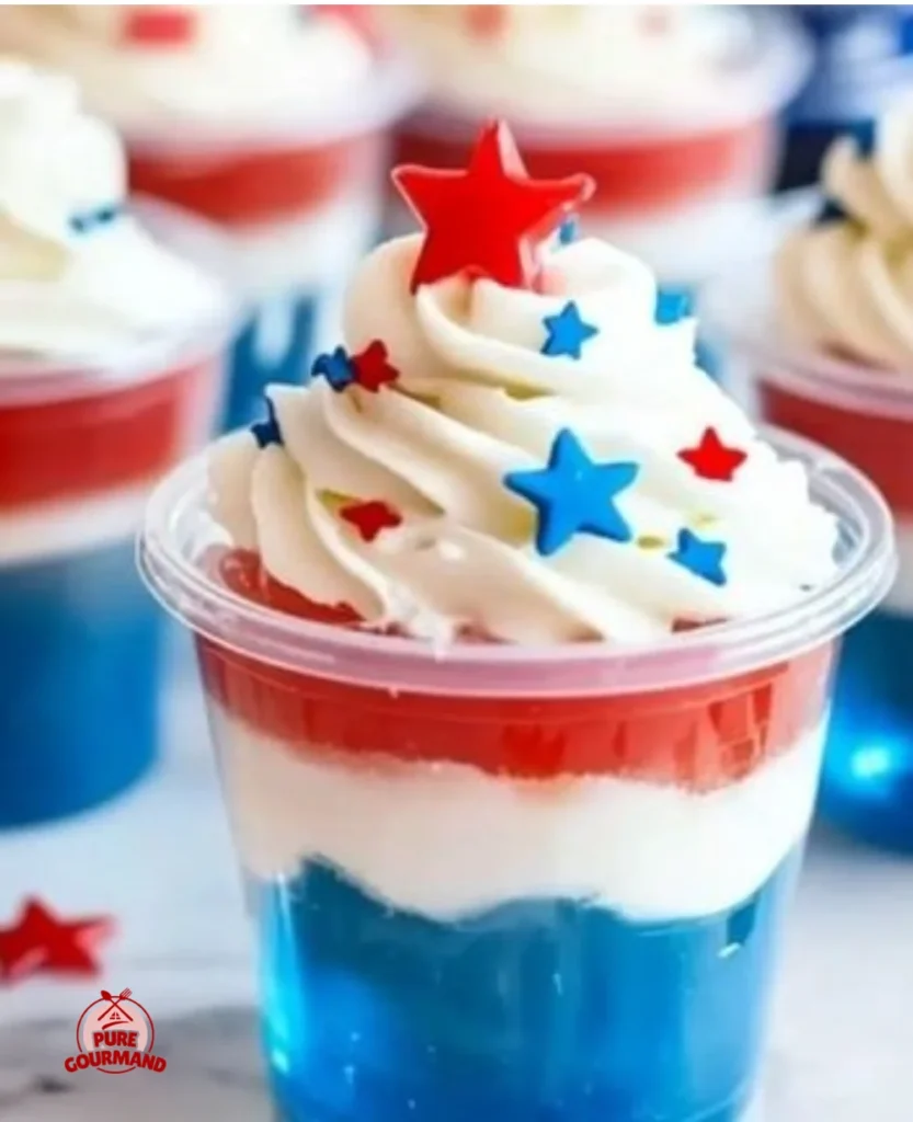 Colorful 4th of July Jello Shots in red, white, and blue cups