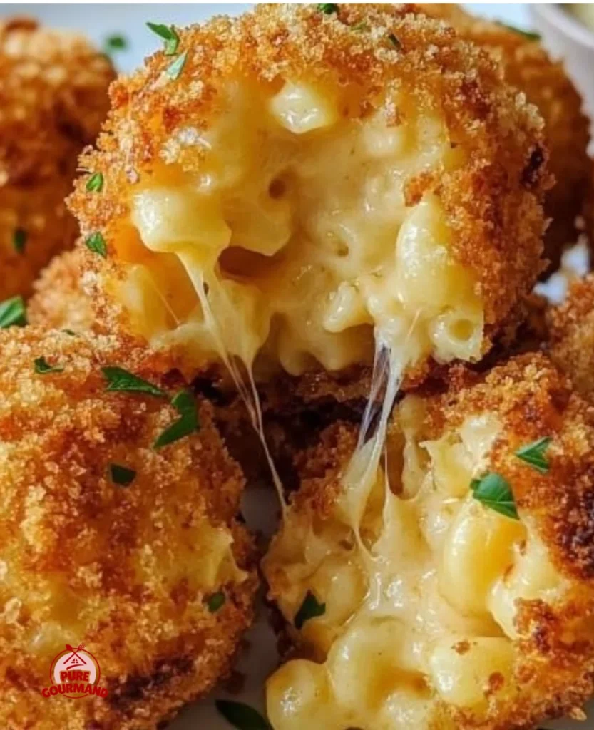 Air fryer fried macaroni and cheese balls served with dipping sauce.