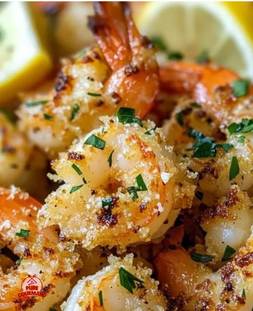 Plate of Air Fryer Garlic Parmesan Shrimp garnished with herbs