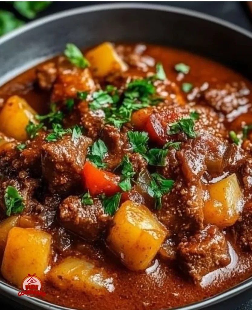 A hearty bowl of authentic Hungarian Goulash garnished with fresh herbs