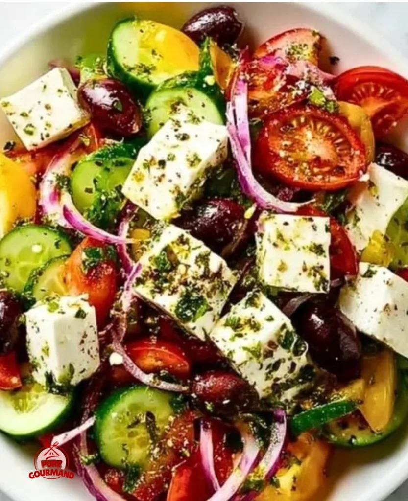 Authentic Mediterranean Greek Salad with fresh vegetables and feta cheese