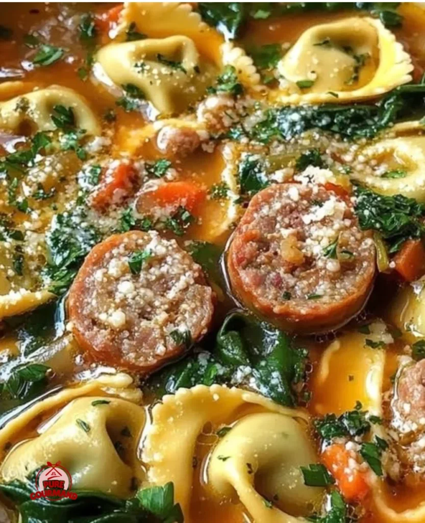 Bowl of Autumn Tortellini Soup with Sausage garnished with herbs