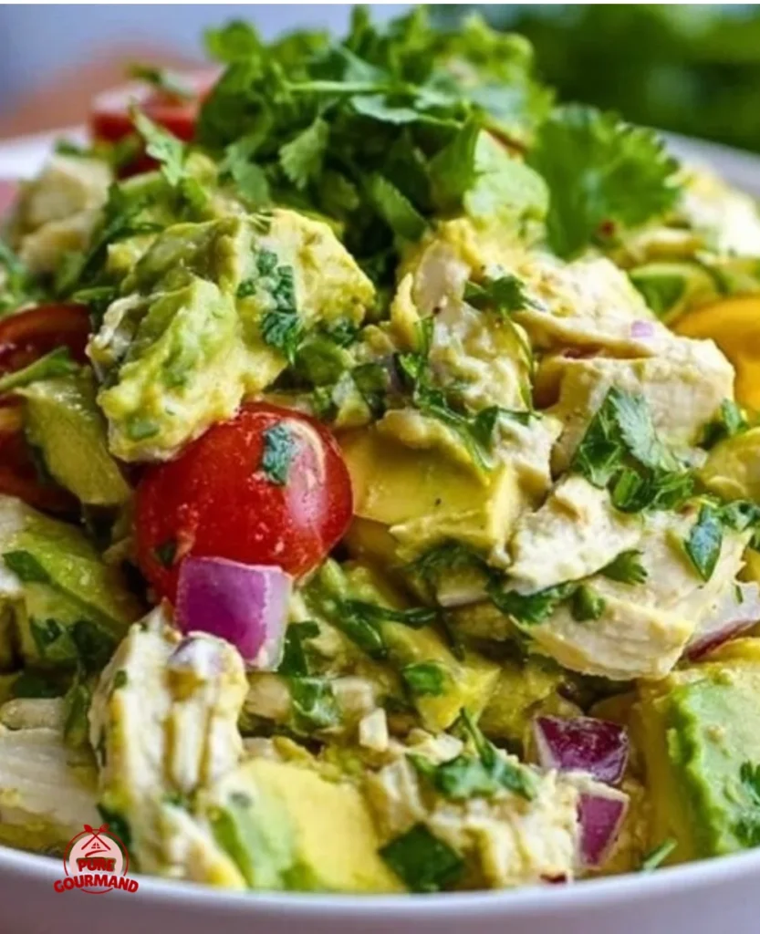 Delicious avocado chicken salad served in a bowl, showcasing fresh ingredients.