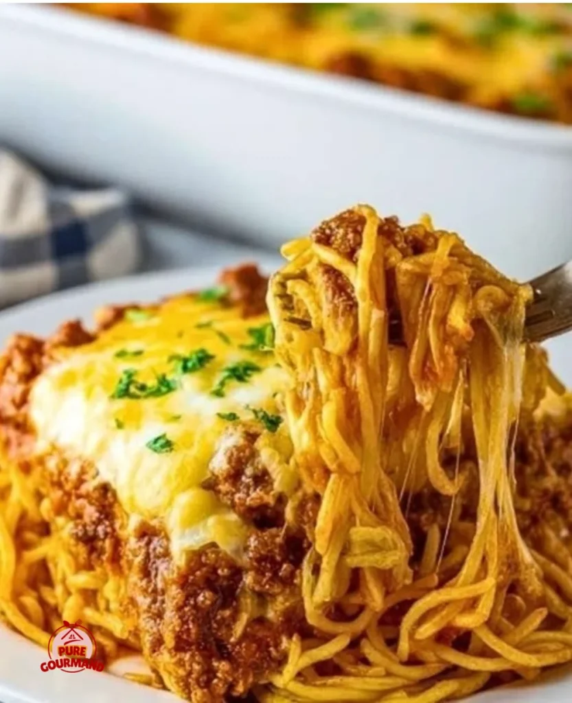 Baked cream cheese spaghetti casserole served in a dish
