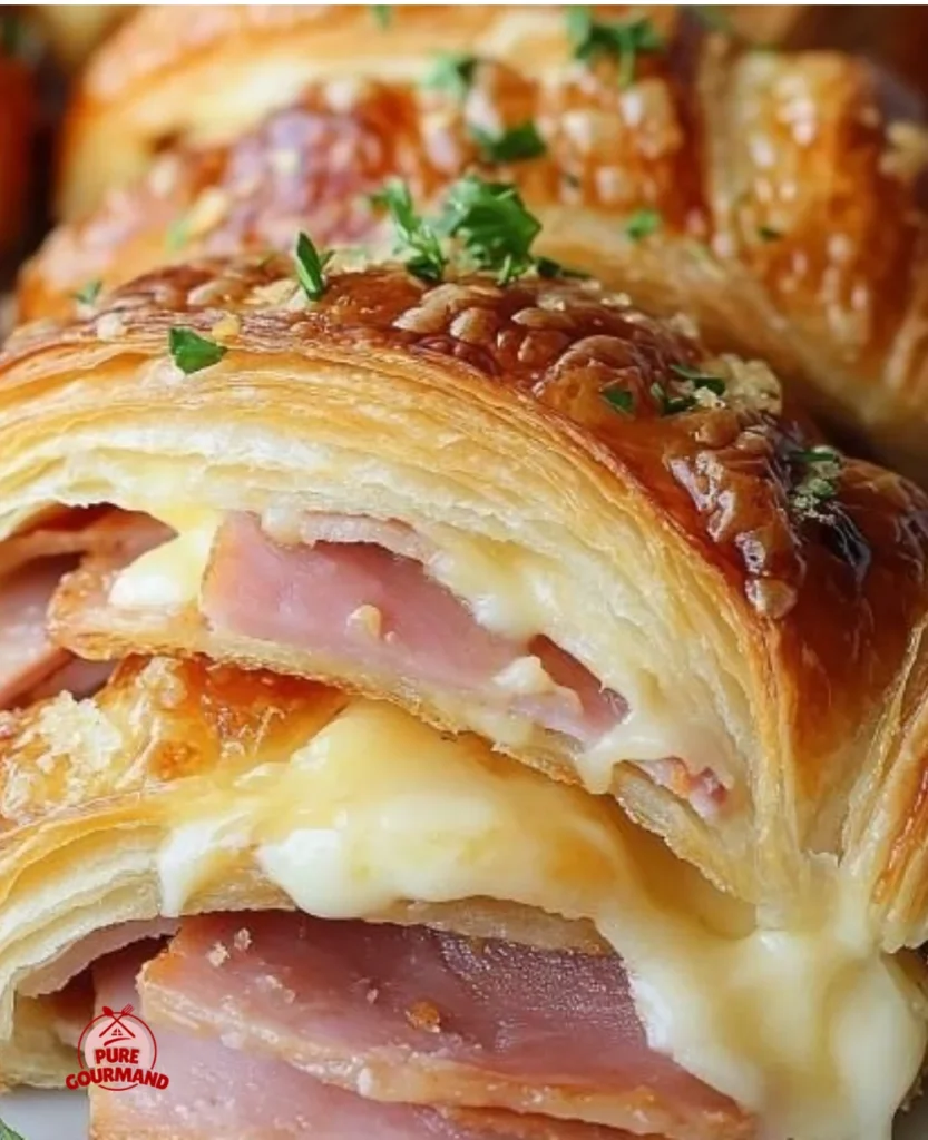 Freshly baked ham and cheese croissants on a wooden serving board