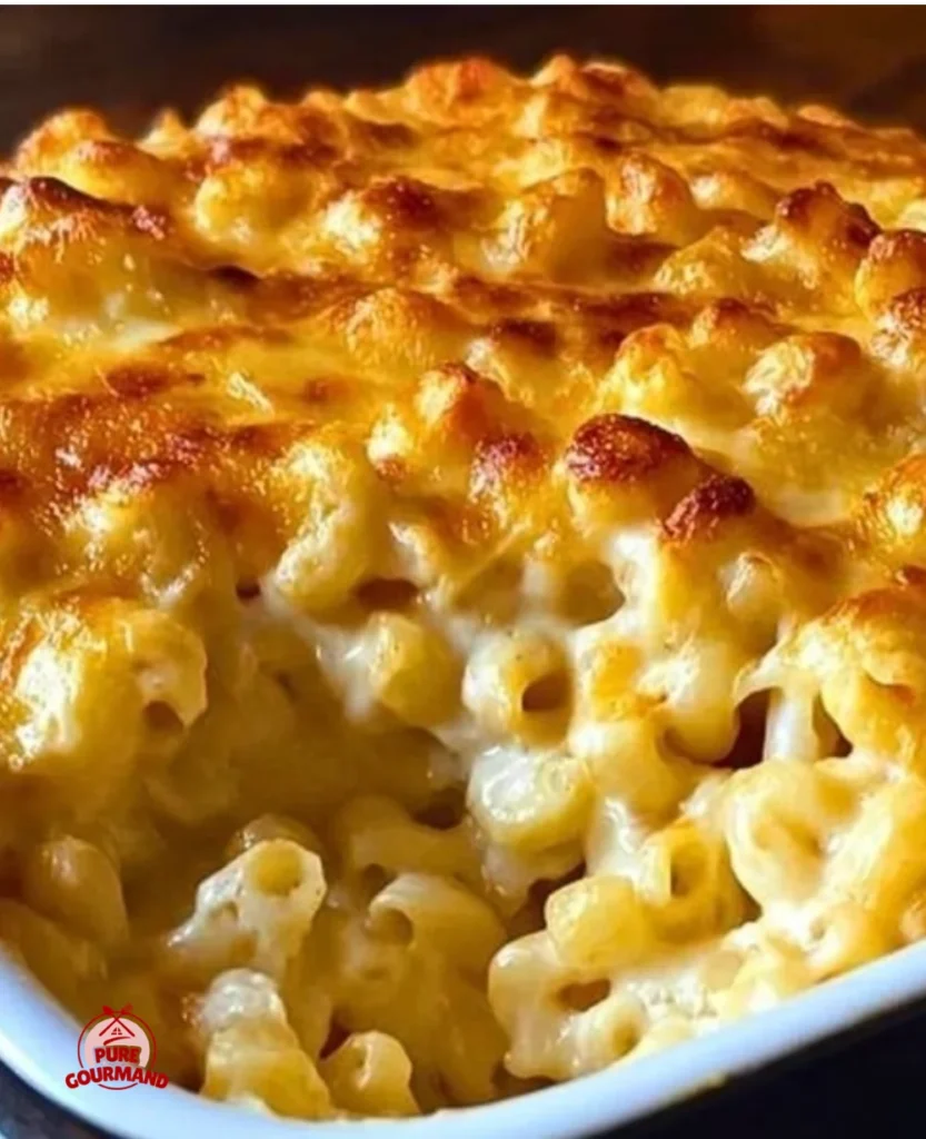 Delicious baked mac and cheese topped with golden brown breadcrumbs