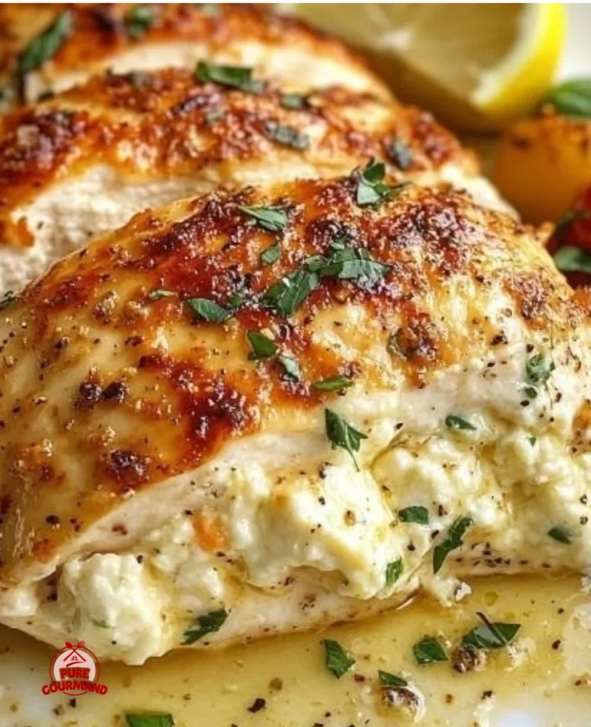 Delicious baked ricotta chicken served with herbs and creamy sauce.