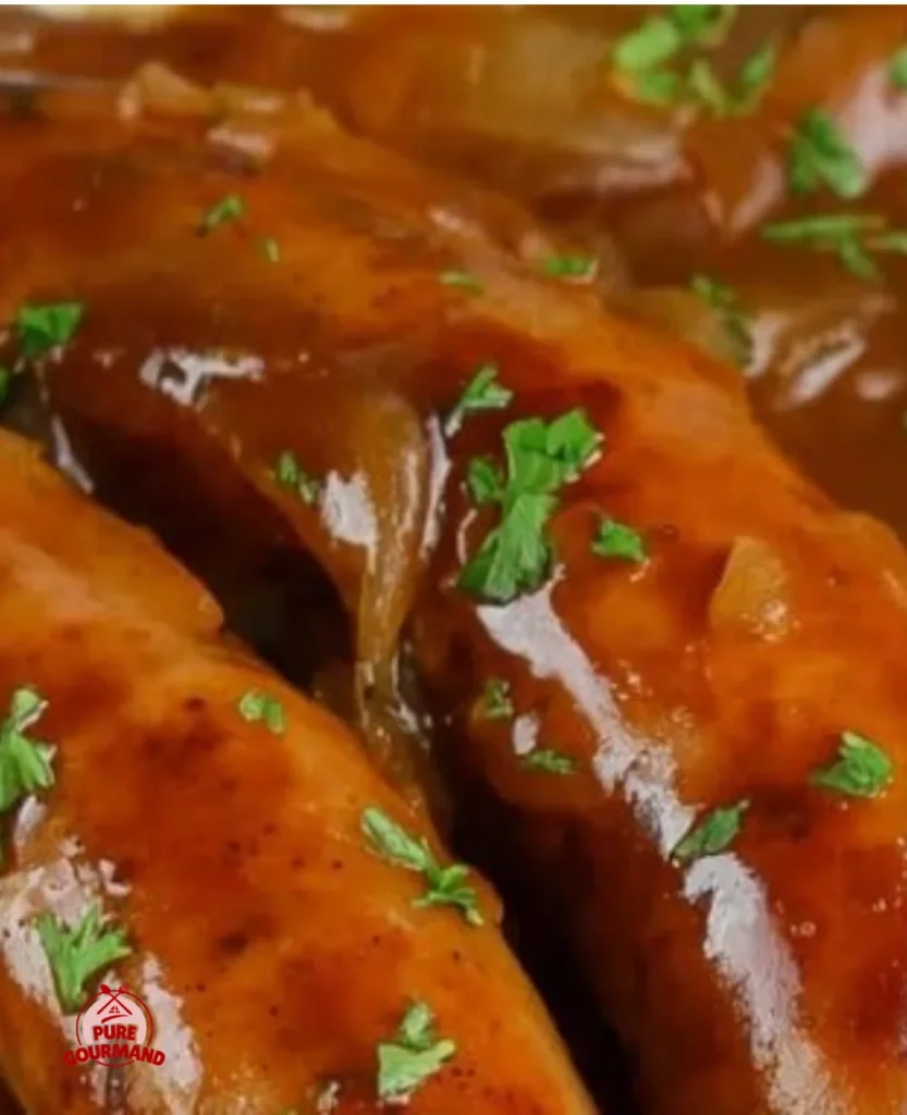 Plate of traditional bangers and mash with sausages and creamy mashed potatoes