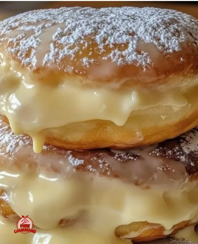 Freshly baked Bavarian cream donuts with creamy filling and powdered sugar on top.