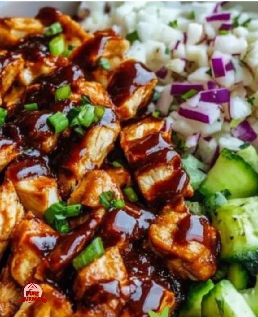 Colorful BBQ chicken power bowl filled with fresh ingredients and vibrant colors.