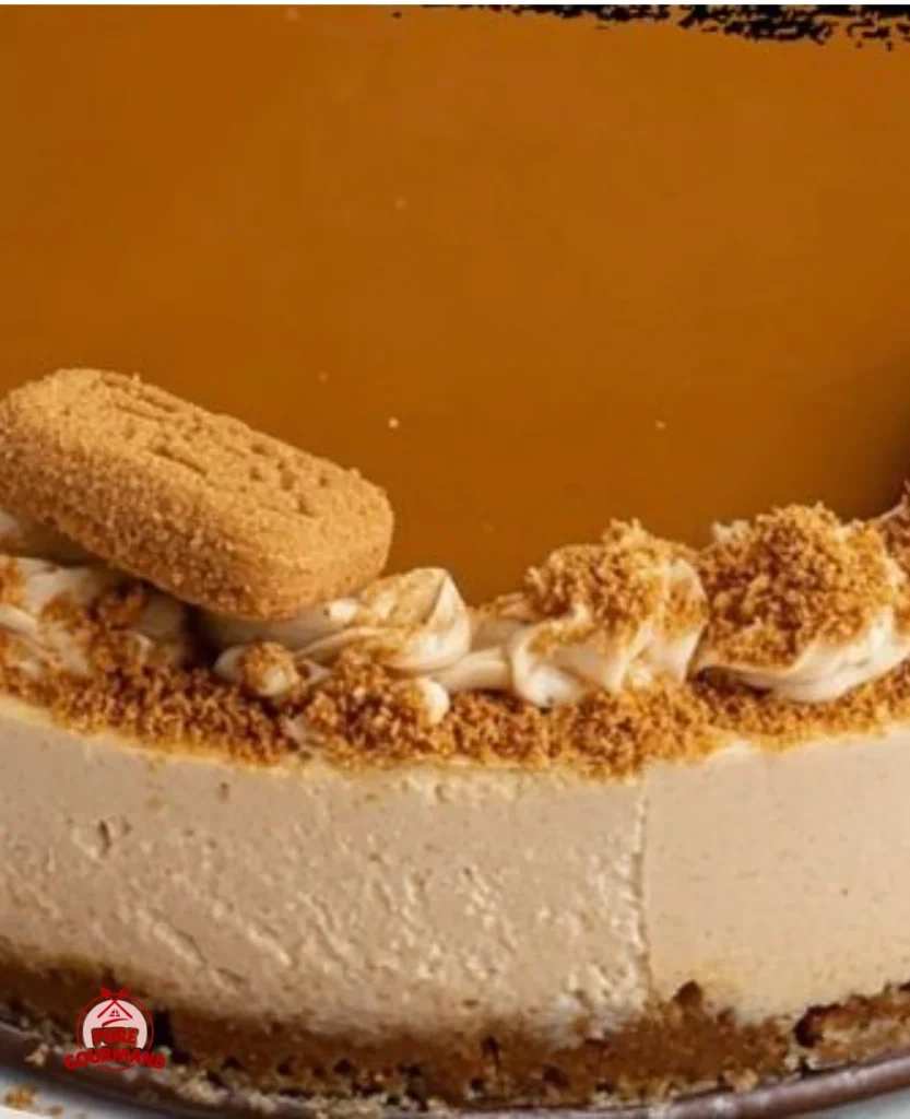 Slice of Biscoff Cheesecake with caramel drizzle and cookie crumbs on top