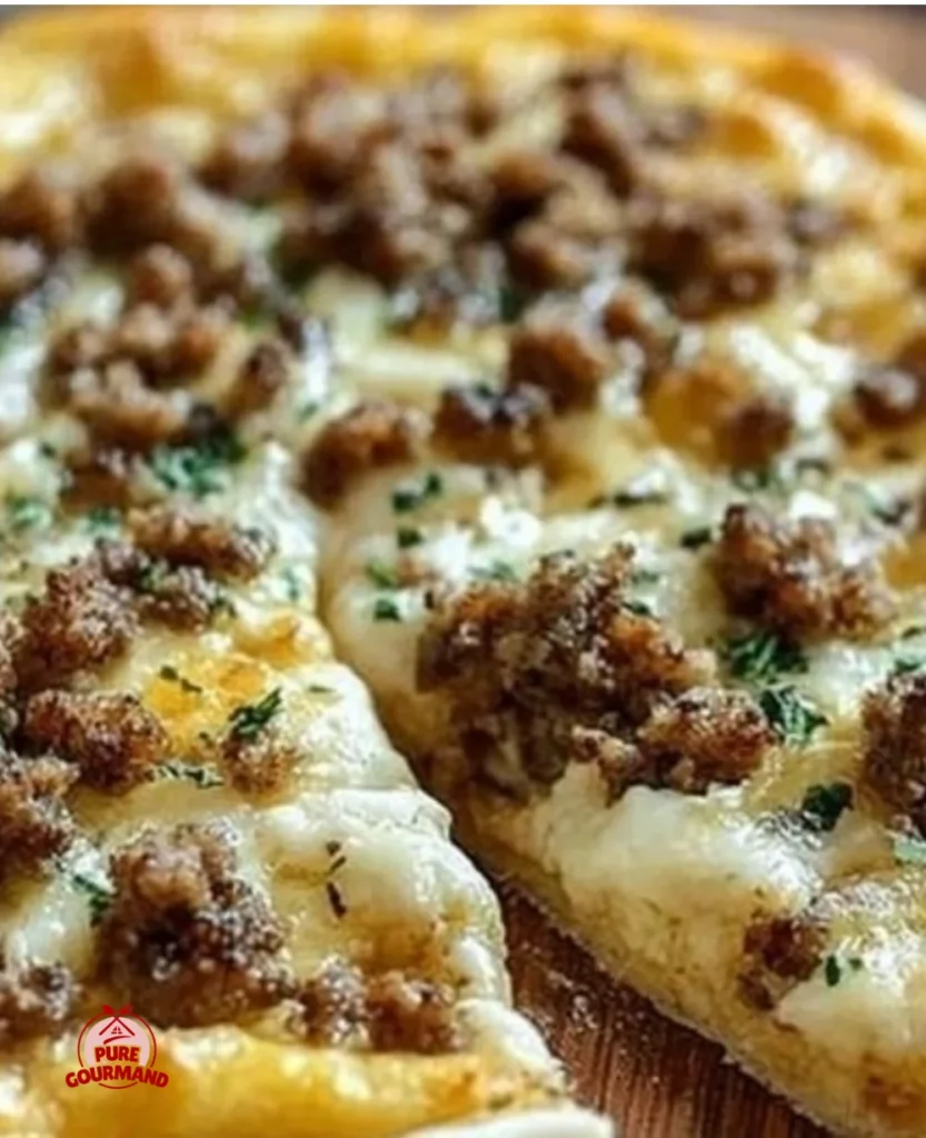 Delicious biscuits and chicken sausage gravy breakfast pizza topped with fresh ingredients.