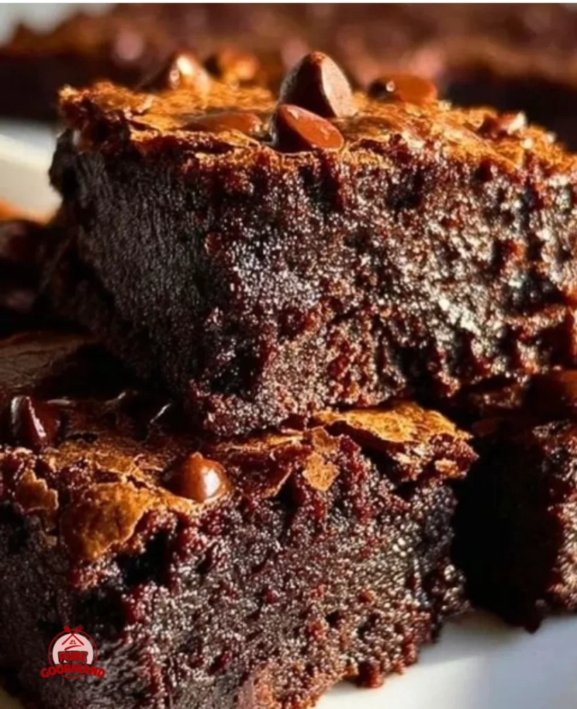 Fudgy black bean brownies topped with chocolate drizzle on a wooden table