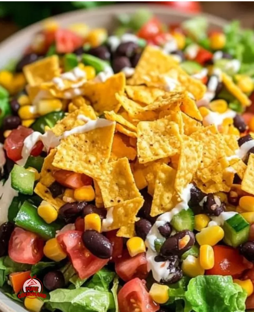 Colorful black bean taco salad with fresh vegetables and toppings