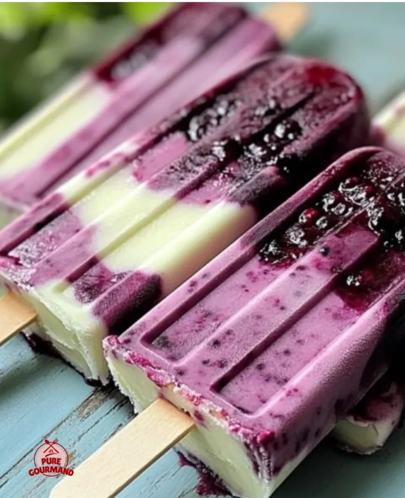 Blackberry lime cheesecake popsicles on a platter