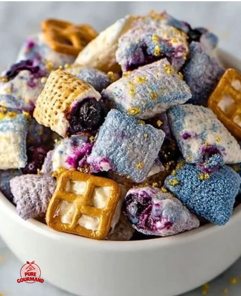 Blueberry Lemon Cheesecake Puppy Chow dessert with colorful cereal and berries