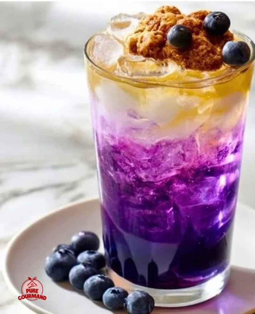 Blueberry Muffin Dirty Soda in a glass with garnish