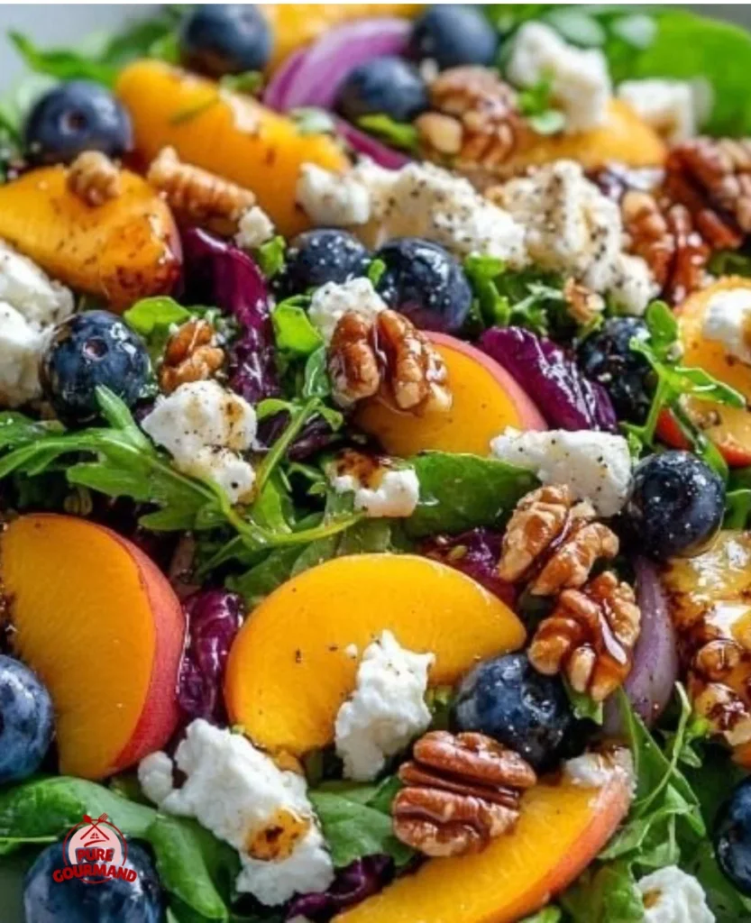 Fresh Blueberry Peach Feta Salad with colorful fruits and feta cheese