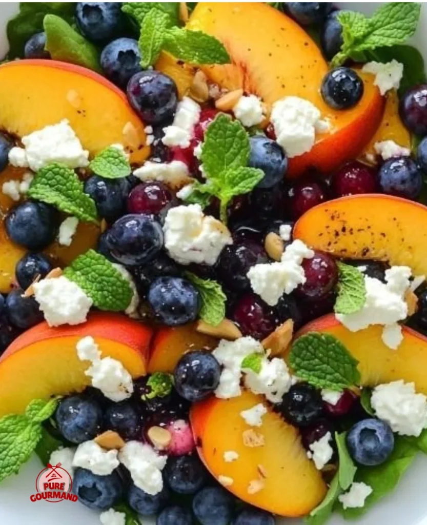 Delicious Blueberry Peach Feta Salad served in a bowl with vibrant colors.
