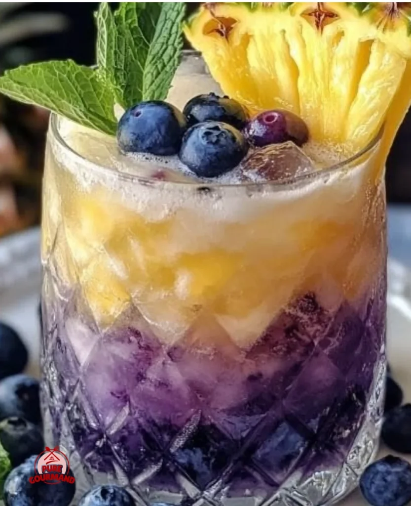 Blueberry Pineapple Tequila Sour cocktail garnished with fresh blueberries and pineapple slices.